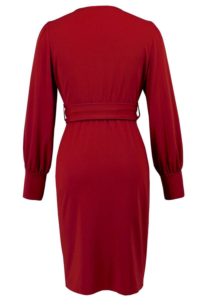 CWDSD6454_V-NECK LONGSLEEVED BELT HIP-WRAPPED KNITTED SKIRT