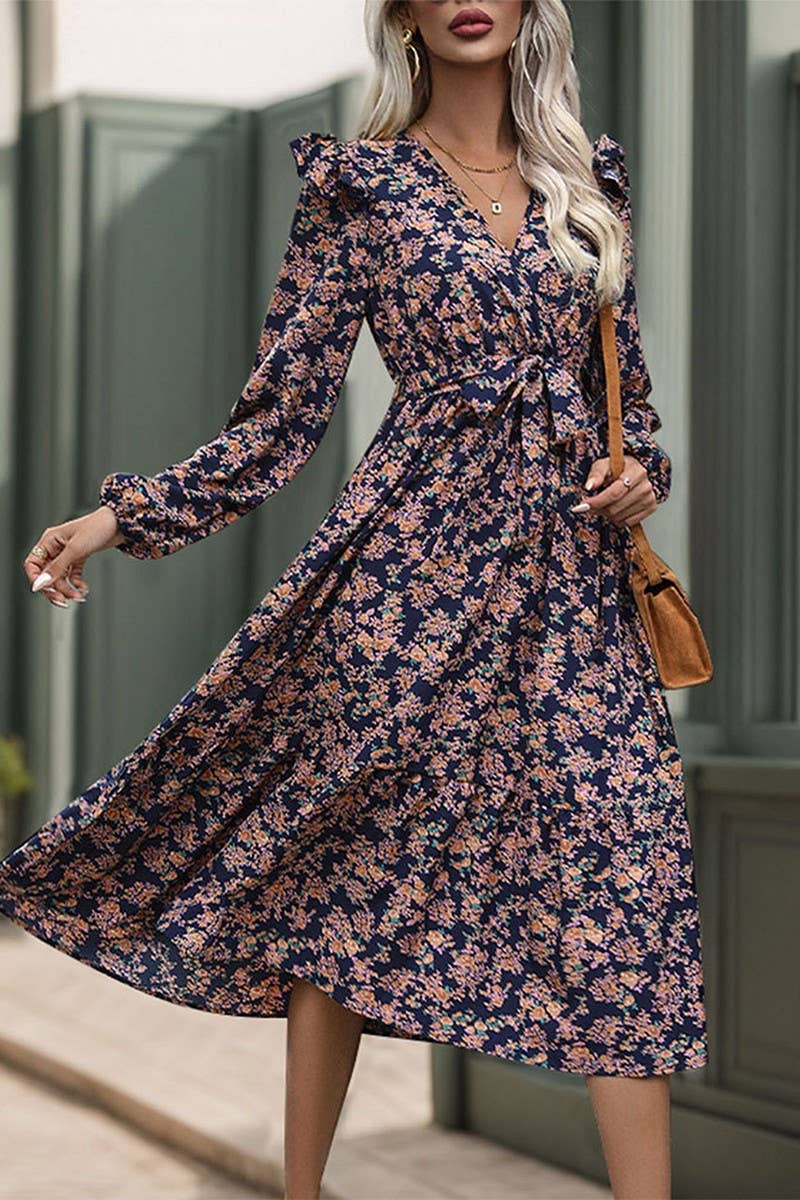 CWDMD4731_AUTUMN RUFFLE LONG SLEEVE PRINTED V-NECK DRESS
