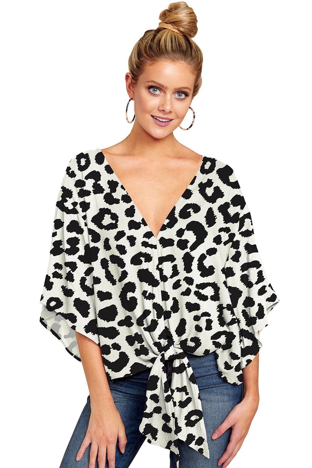 V-neck knotted printed loose sleeved top