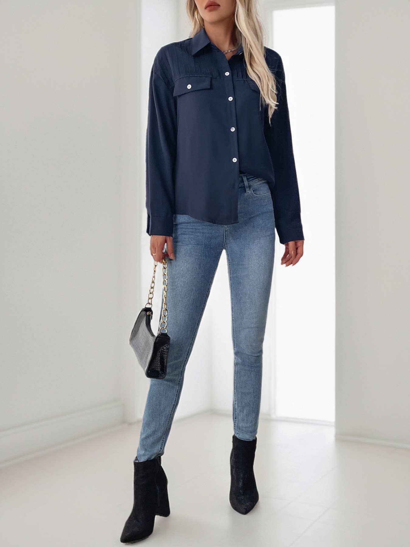 Solid-color lapel loose long-sleeved shirt