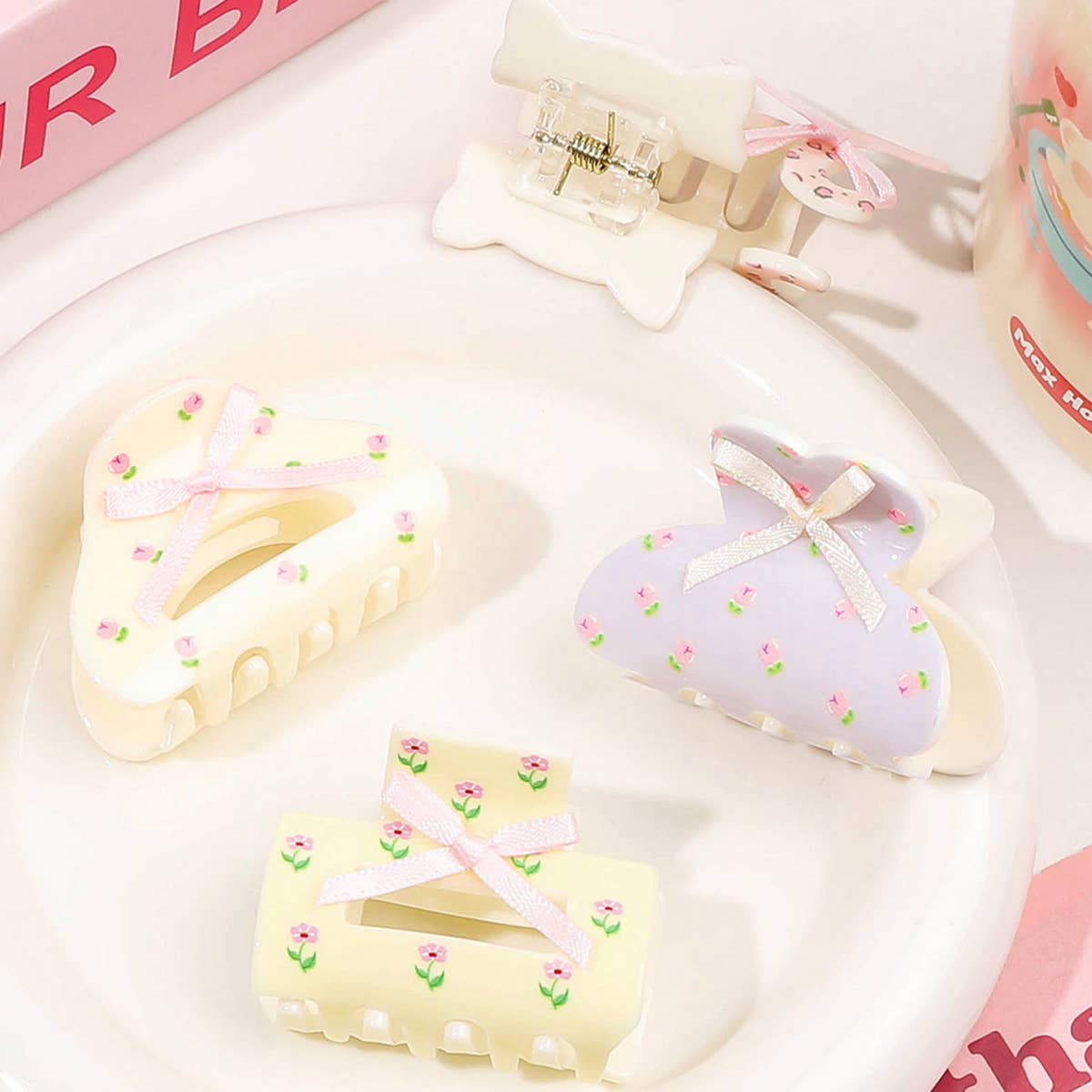 Floral Butterfly Hair Claw - Cream Print Clip