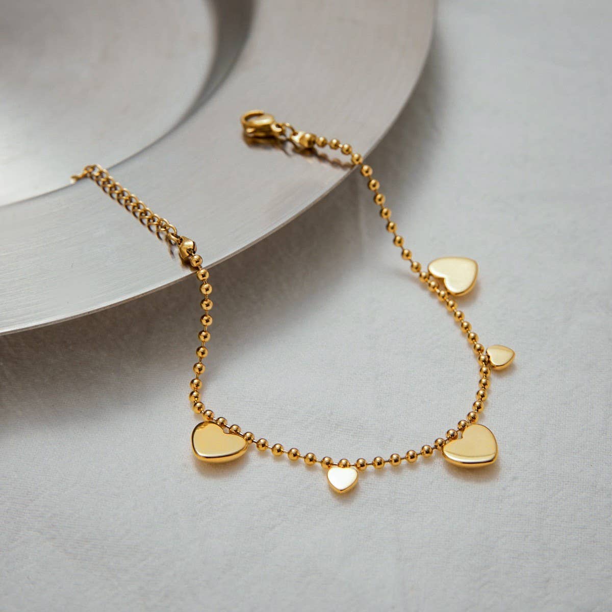 18K Gold Heart Bead Chain Bracelet, Titanium Steel_CWAJE4839
