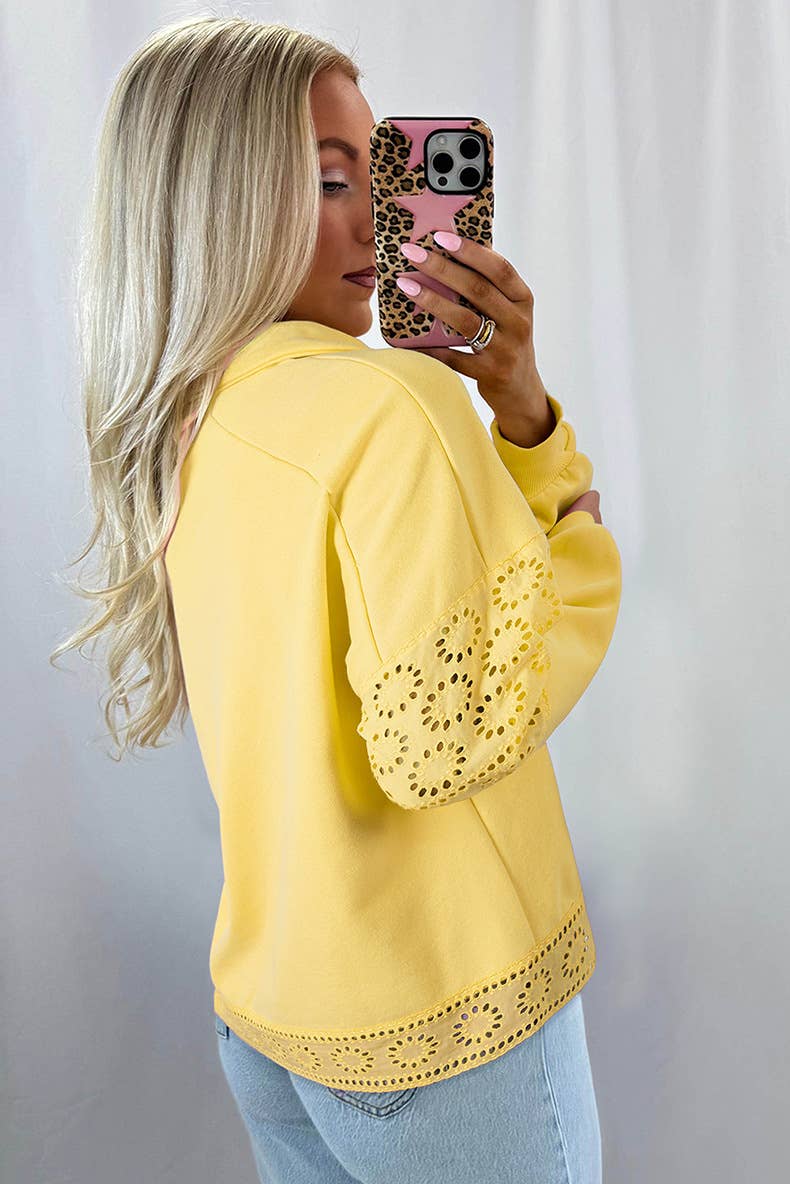Solid-color lapel,cutout long-sleeved sweatshirt