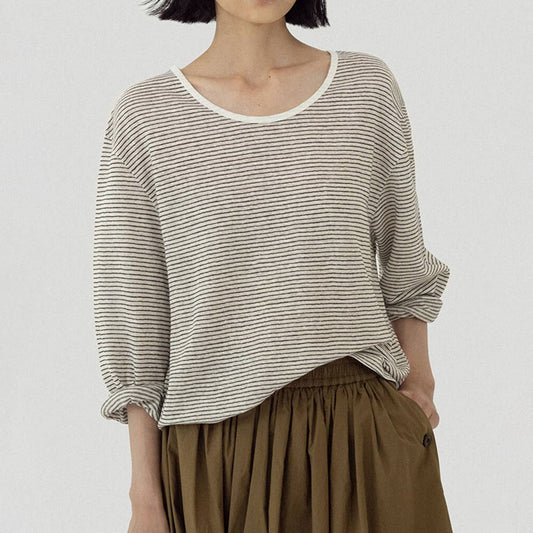 LONG SLEEVE LOOSE COTTON LINEN STRIPED T-SHIRT