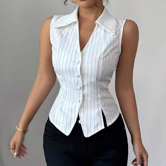 Sleeveless, form-fitting, navel exposed V shirt