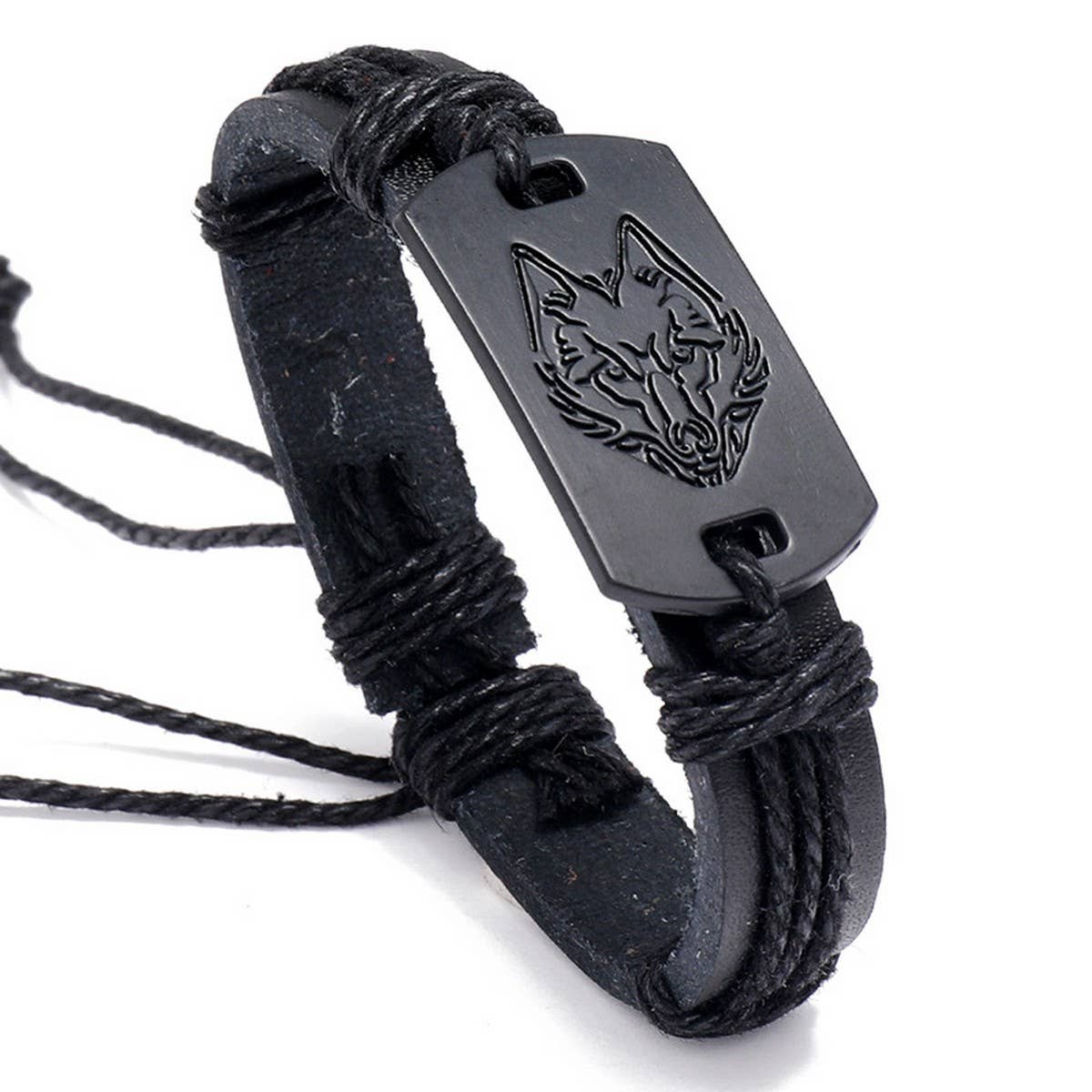 PERSONALIZED BLACK WOLF HEAD LEATHER BRACELET_CWMM4465