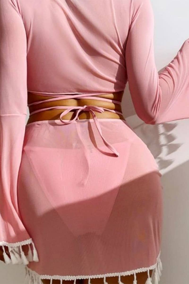 CWMW0740_FRINGE COVER-UP MESH MINISKIRT SWIMSUIT