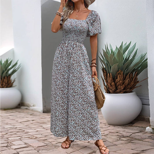 Puffy sleeves slim tight floral print jumpsuit