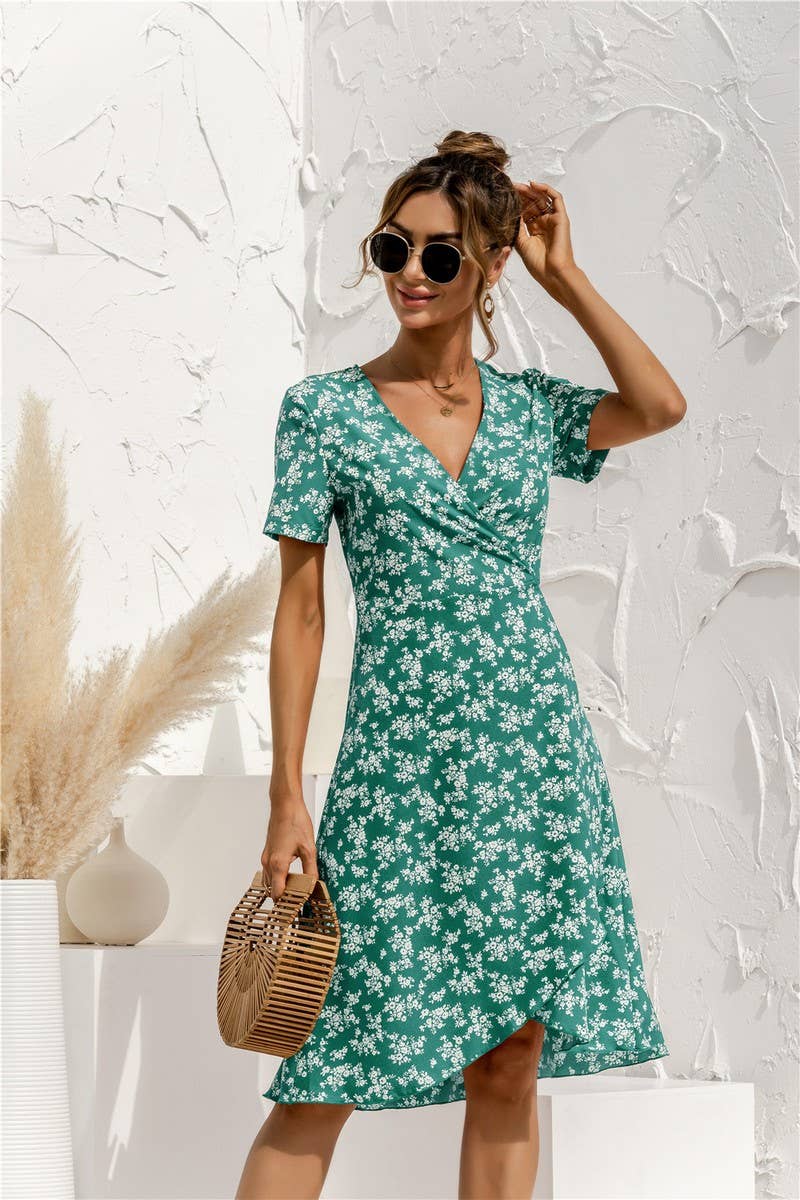 SEXY V NECK LACE UP FLORAL DRESS_CWDSD2629