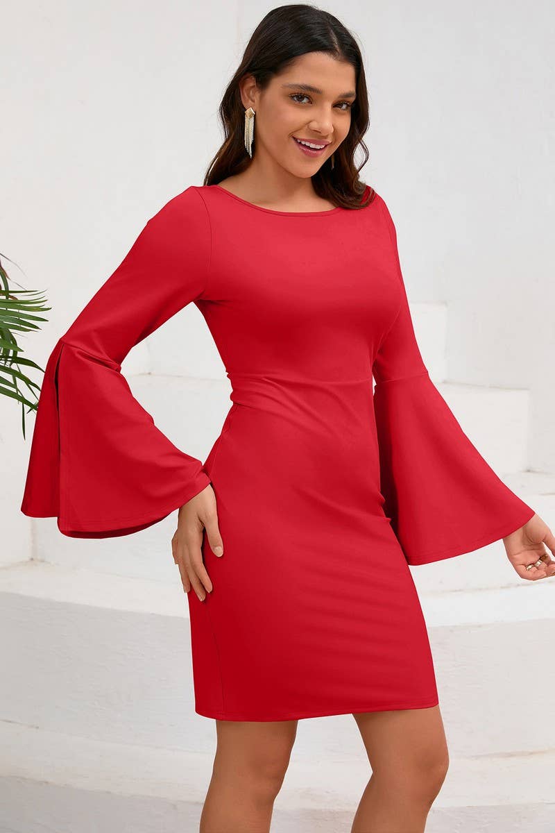 CWDSD6460_SOLID COLOR ROUND NECK TRUMPET SLEEVE HIP DRESS