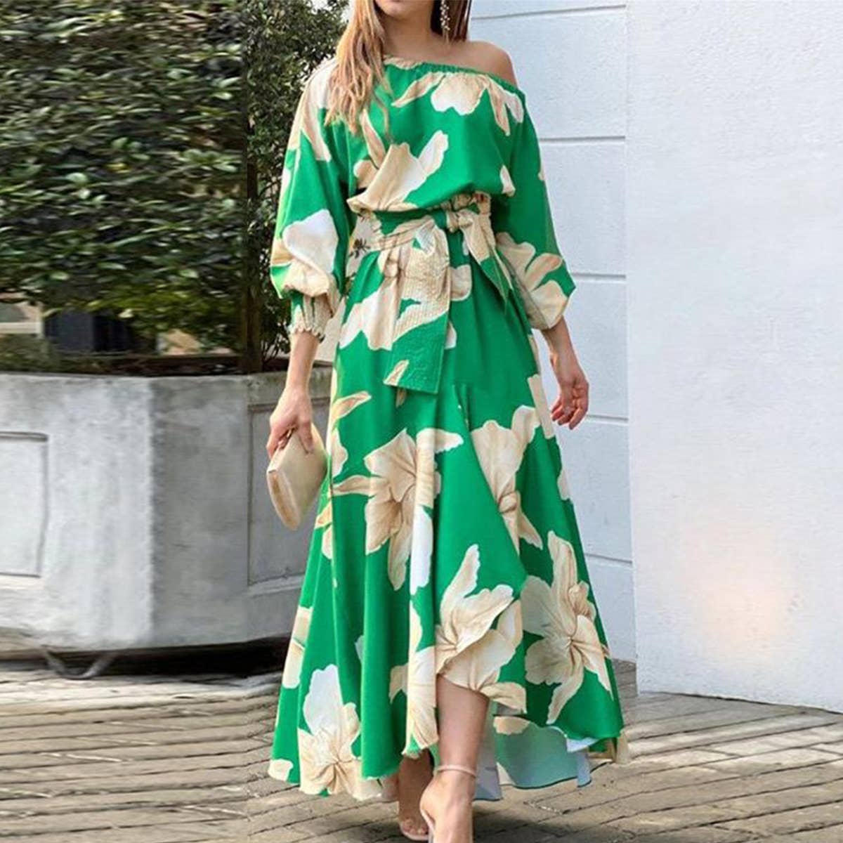 PRINTED LONG SLEEVE LINE NECK DRESS WITH SWING