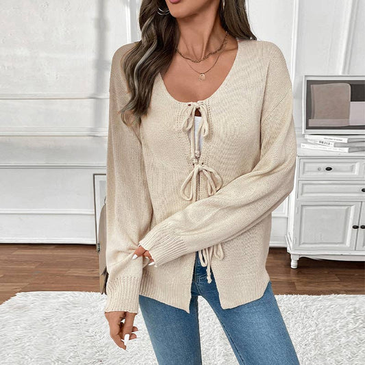 ROUND NECK SOLID COLOR BOW TIE CARDIGAN COAT