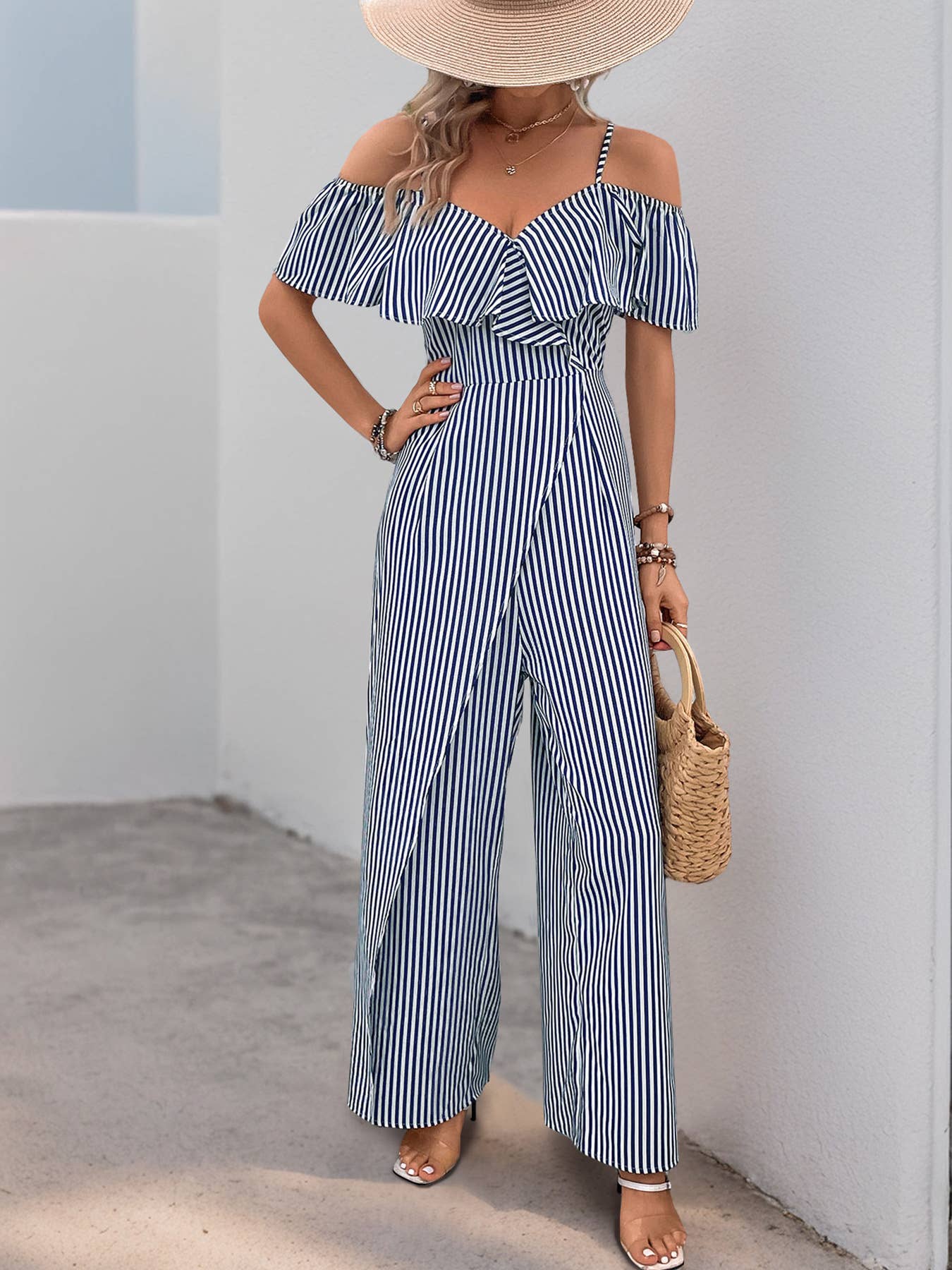 Long, wide-leg rompers with striped straps