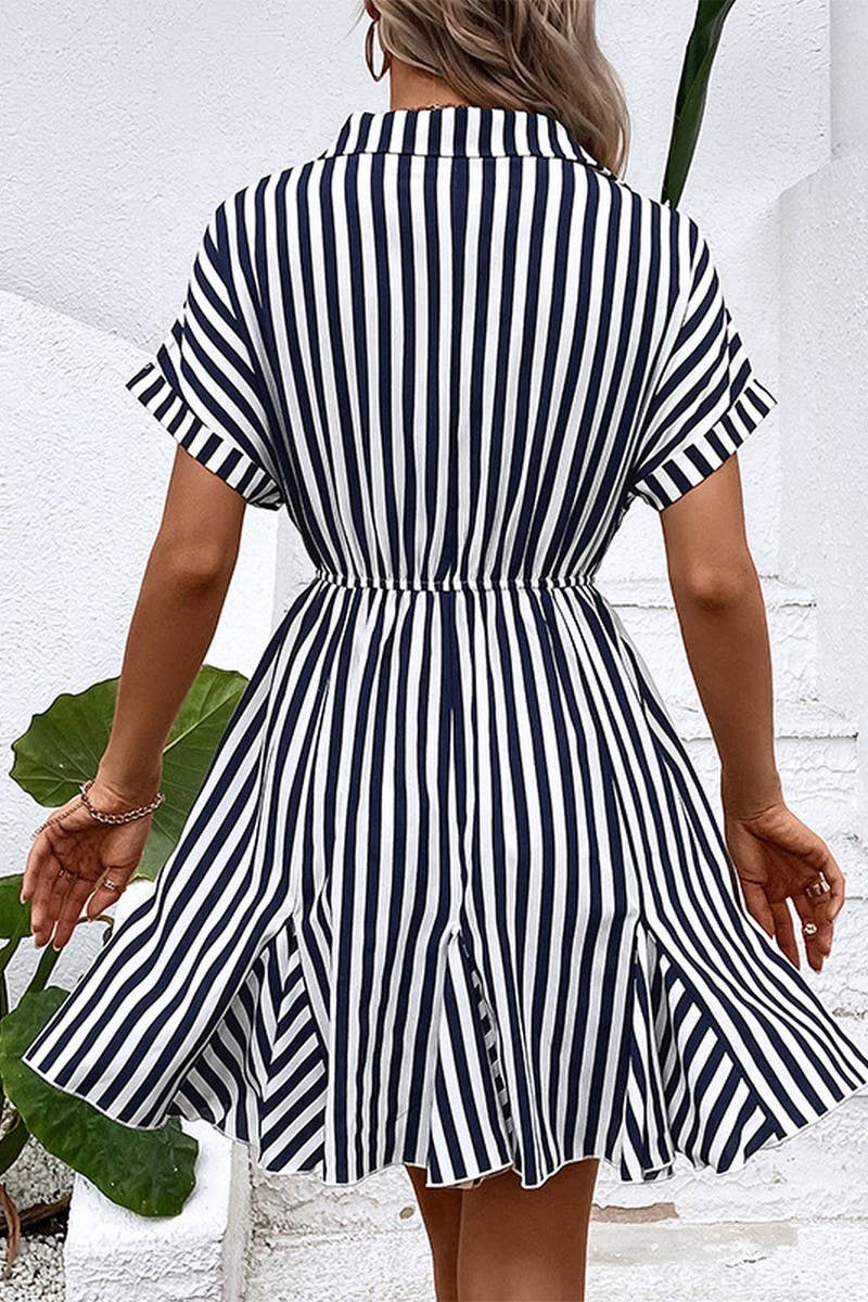 CWDSD8295_RUFFLED SKIRT DRAWSTRING STRIPED DRESS