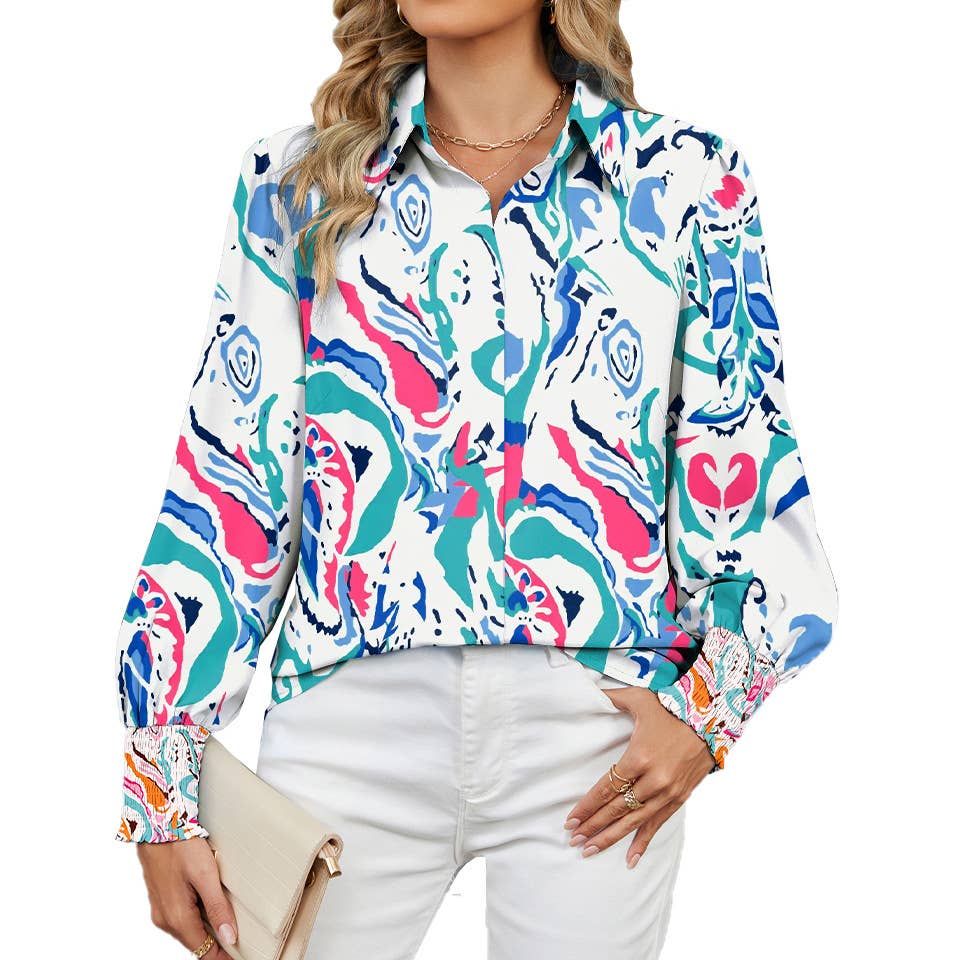 LAPEL FLORAL PRINT CASUAL LONG-SLEEVED SHIRT
