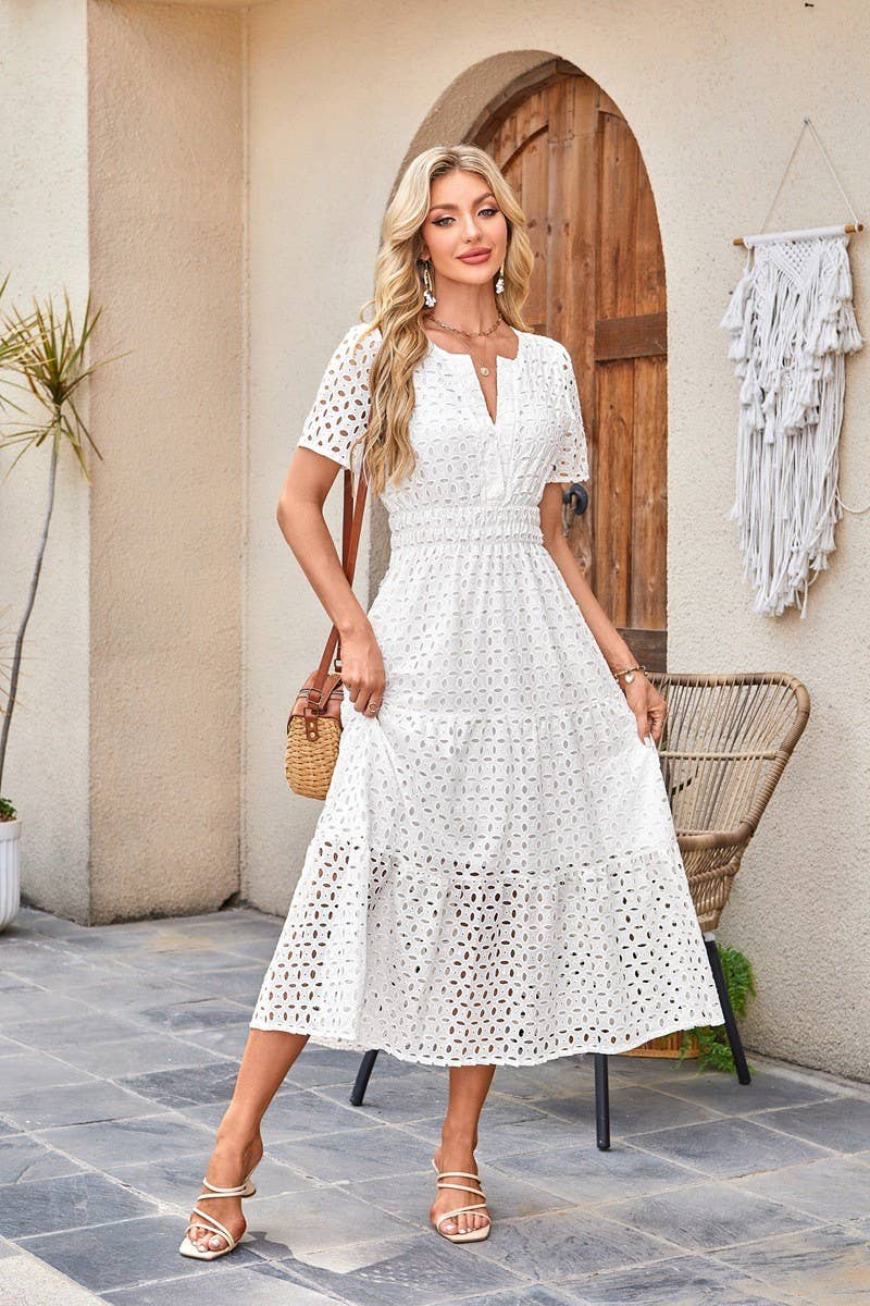 CWDMD6339_V-NECK HOLLOW EYELET PLEATED SHORT SLEEVE DRESS