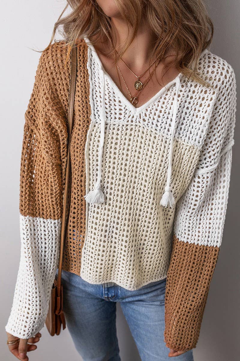 CWOSWL07429_V NECK COLORBLOCK HOLLOW OUT KNIT SWEATER