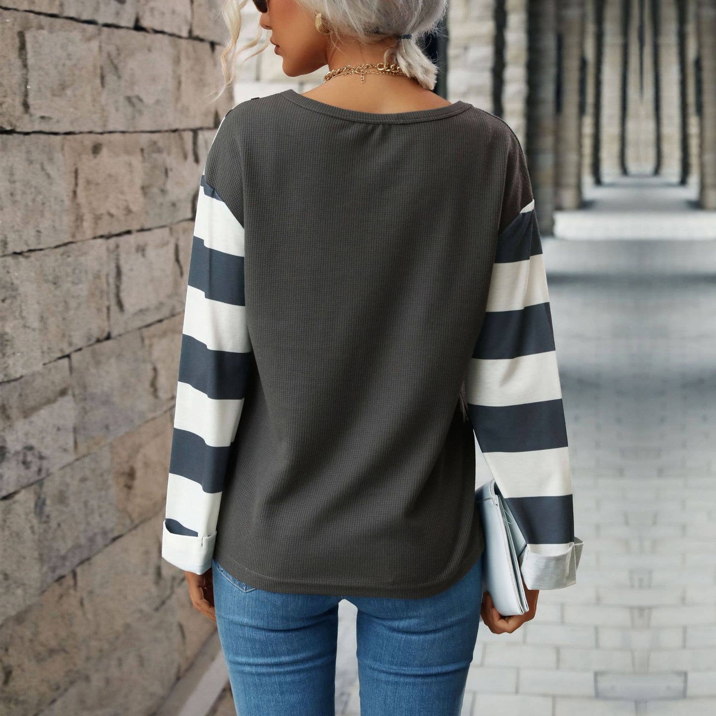 Patchwork Top Waffle Knit Fashion Pullover Hoodie