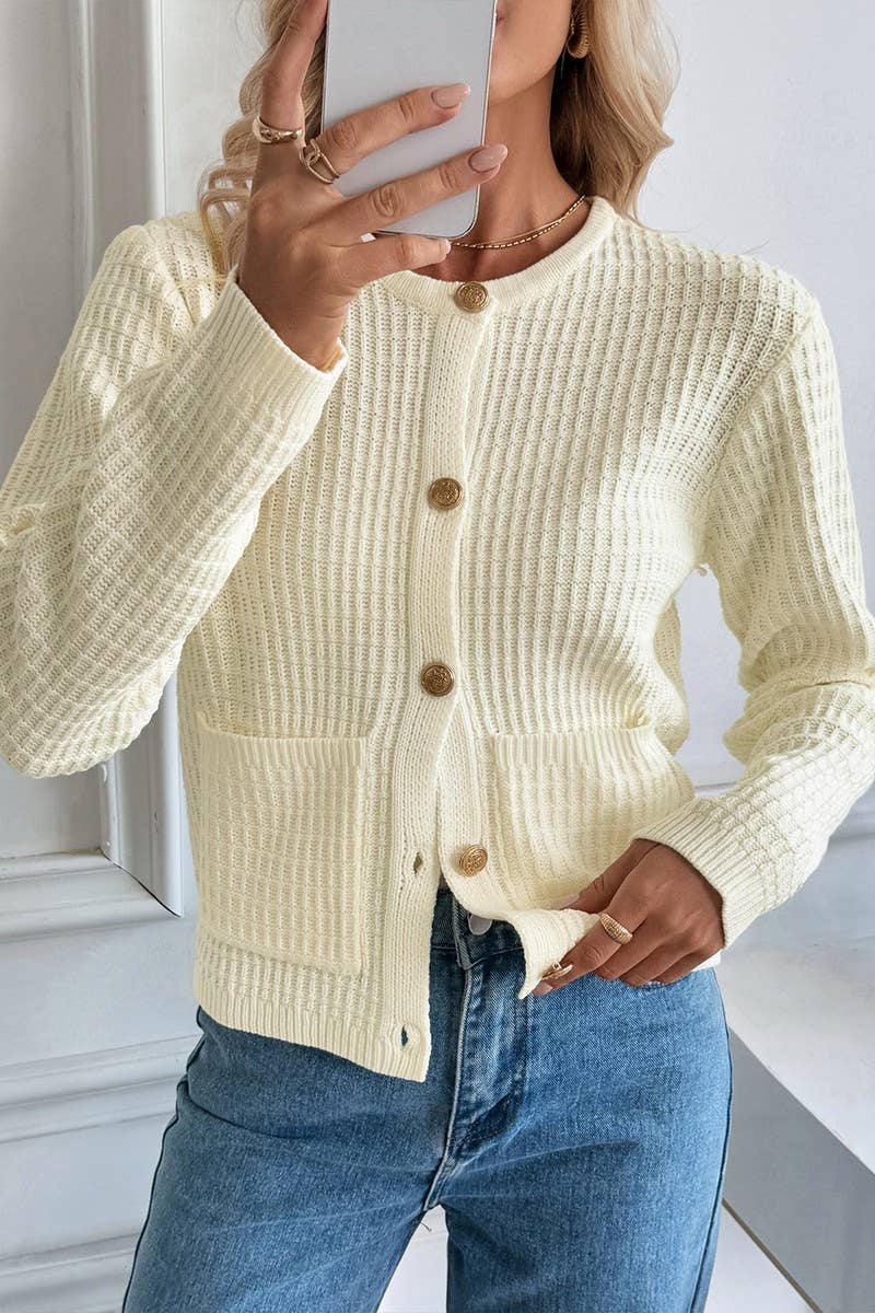 CWOCAL00582_SOLID COLOR METAL BUTTON CARDIGAN SWEATER