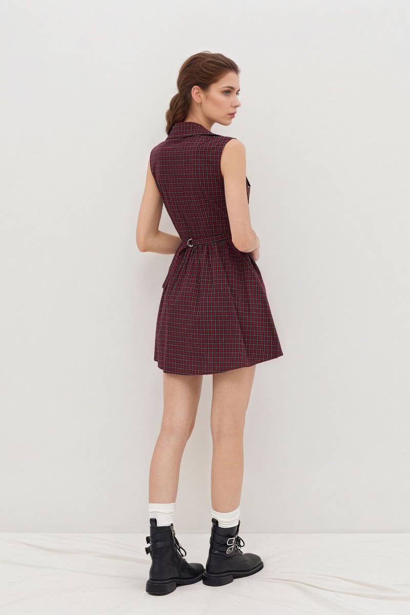 CWDSD8873_PLAID HALTER POLO NECK SLEEVELESS MINI DRESS