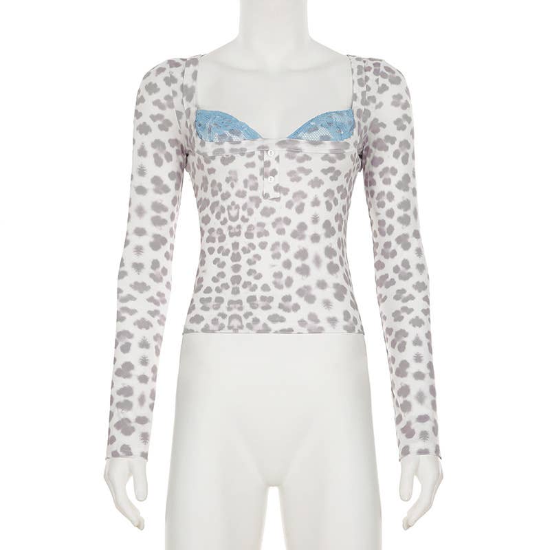 Leopard print lace fake two square collar top