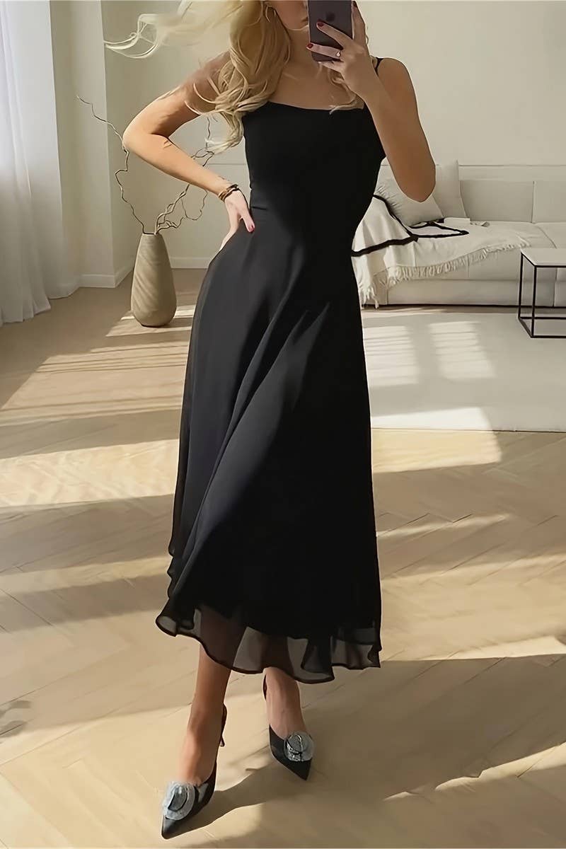 CWDHL1089_SLEEVELESS ELEGANT SQUARE NECK SLIM WAIST DRESS