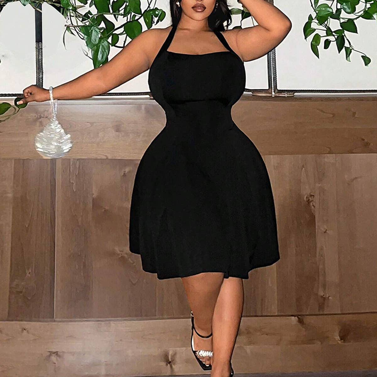 Square Neck Halter Cinched Waist A-Line Dress_CWDMD6063