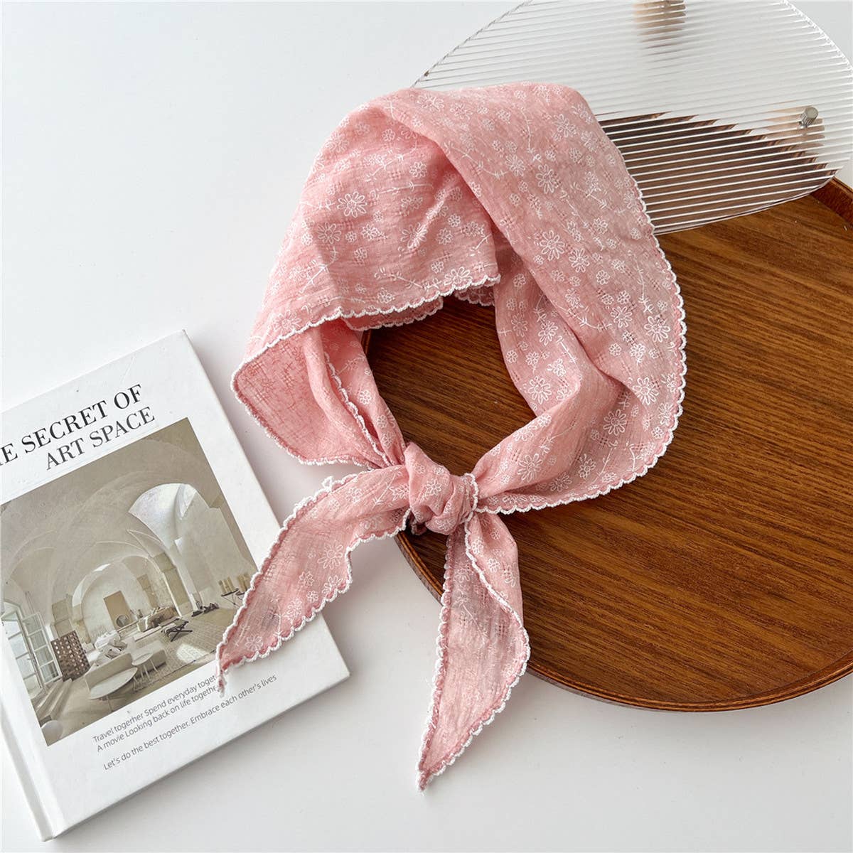 Lace Trim Cotton Linen Floral Triangle Scarf