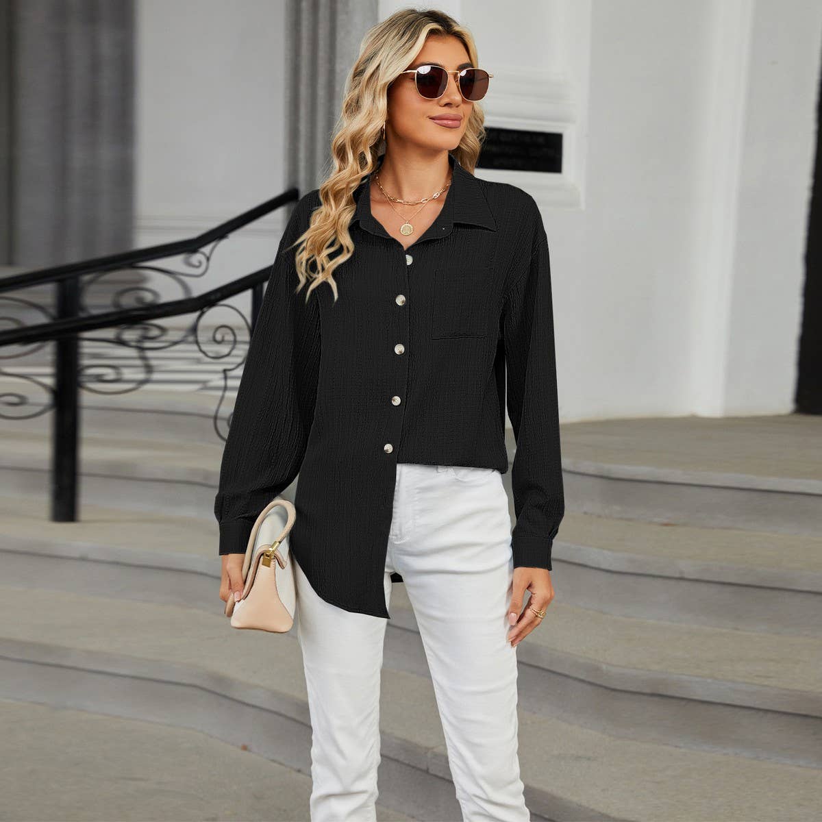 Long sleeve lapel button solid color shirt