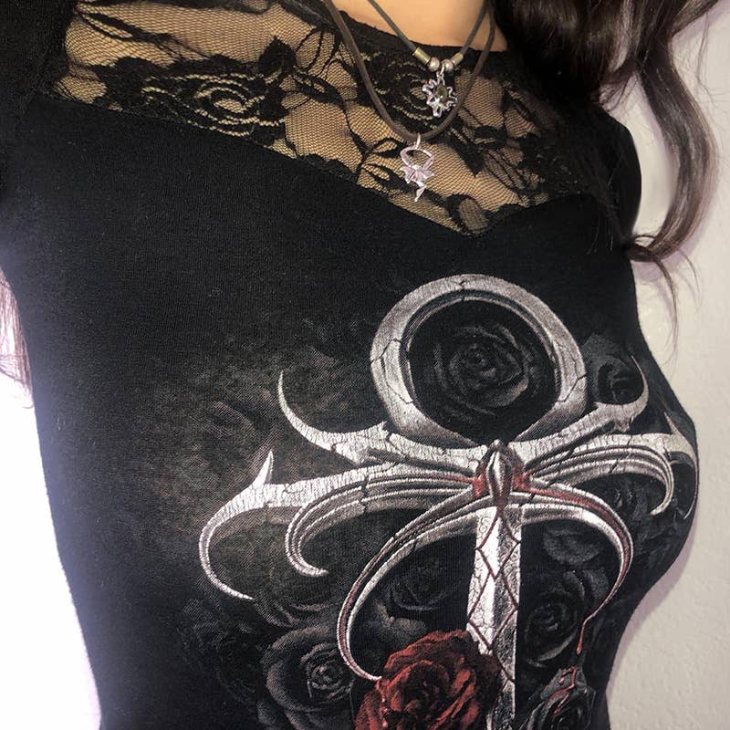 Vintage rose floral print lace patchwork T-shirt