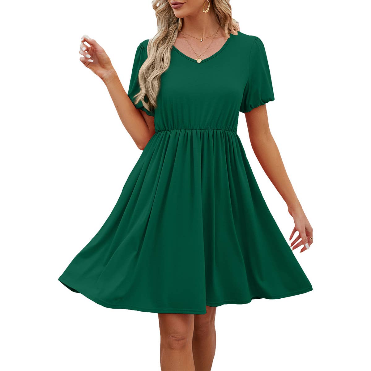 V-NECK PUFFY SLEEVE PLEATED SKIRT DRESS