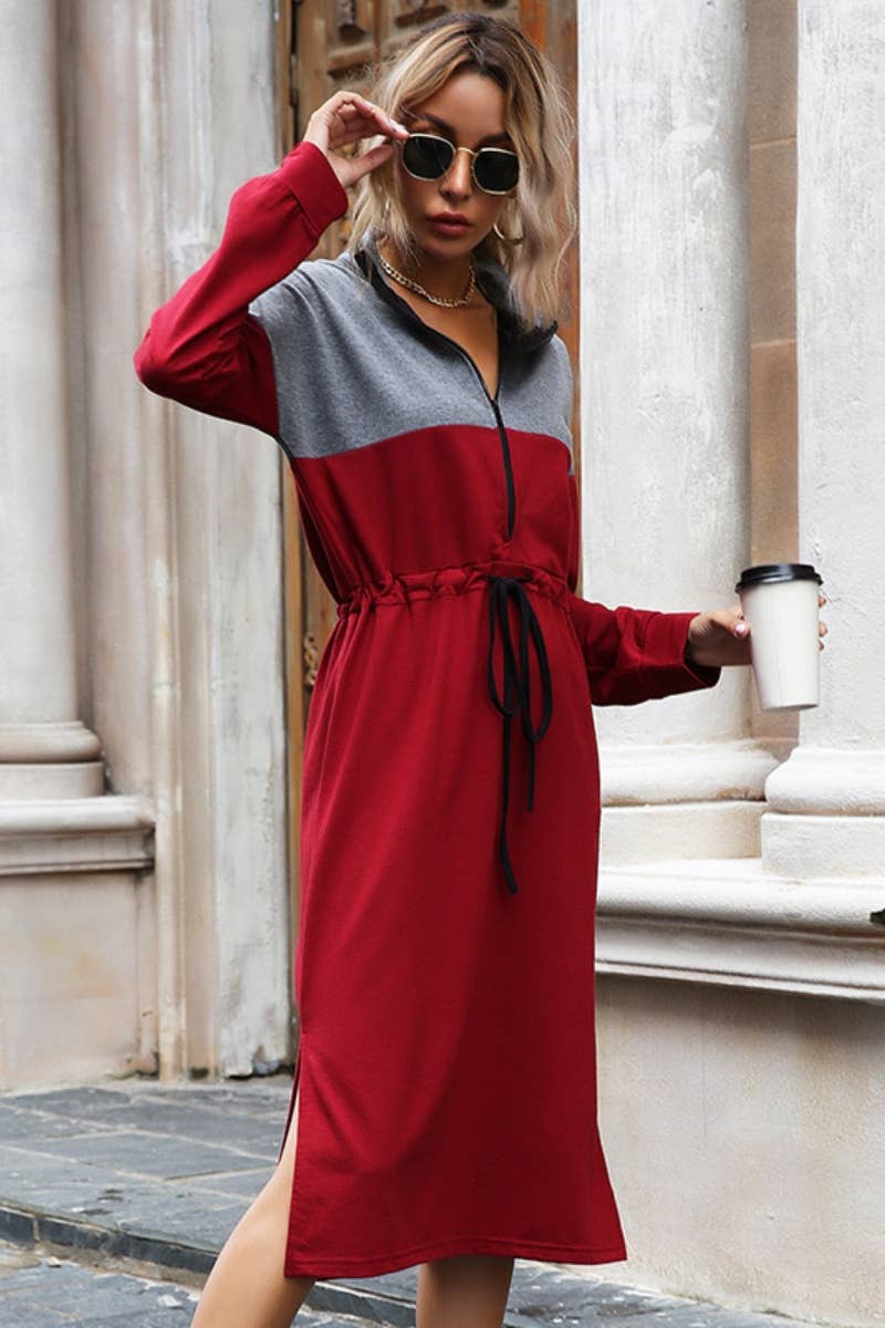 CWDMD4062_STAND COLLAR ZIPPER DRAWSTRING SPLIT HOODIE DRESS