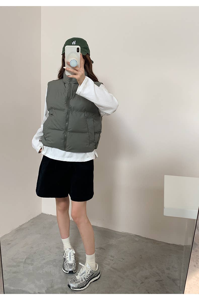 Solid-color stand-up collar thickened waistcoat