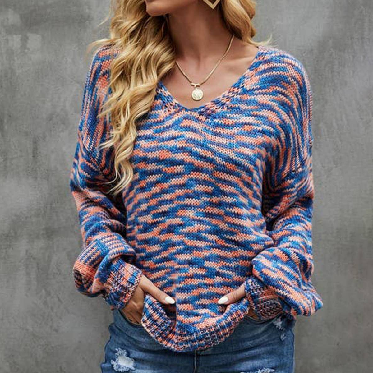 Long sleeve knit V-neck sweater pullover