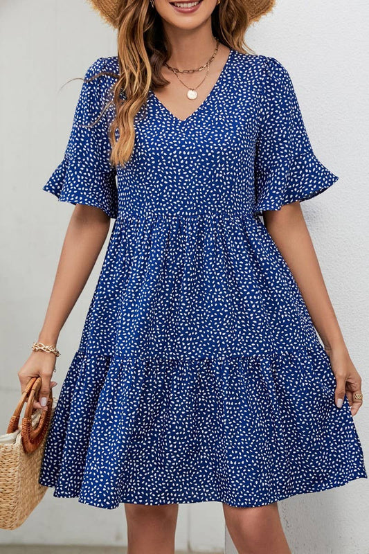 CWDSD2700_V-Neck Short-Sleeved Layered A-Line Dress