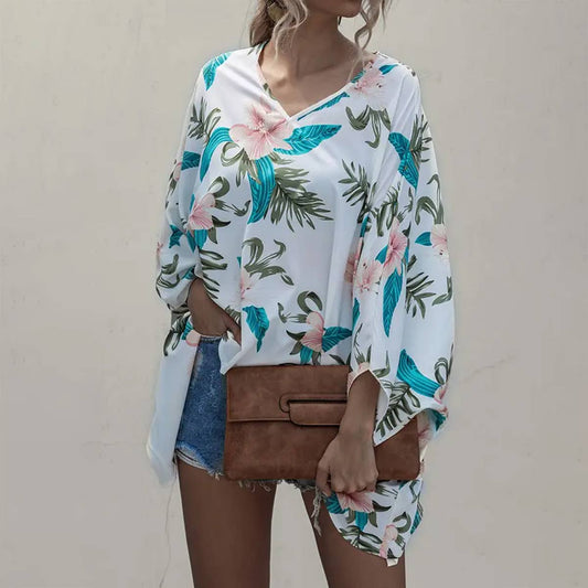 V NECK PRINTED BAT SLEEVE BAGGY TOP_CWTBLL0649
