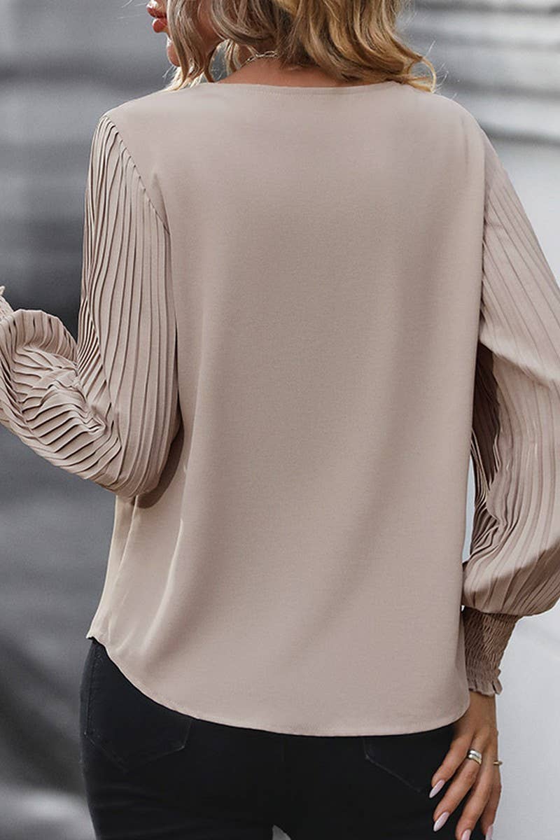 WOMEN V NECK SPLICE PLEATED SHIRT_CWTSTL0586