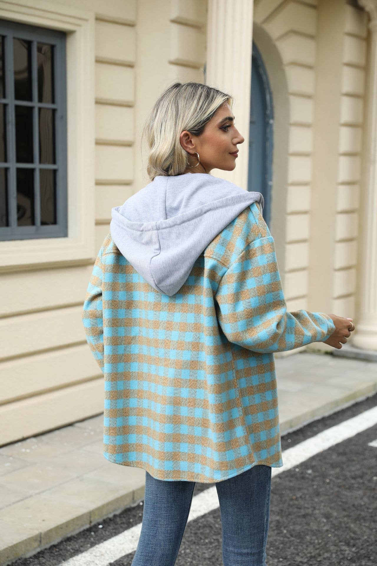 HOOD PLAID PATCHWORK SINGLE BREASTED WOOLEN COAT