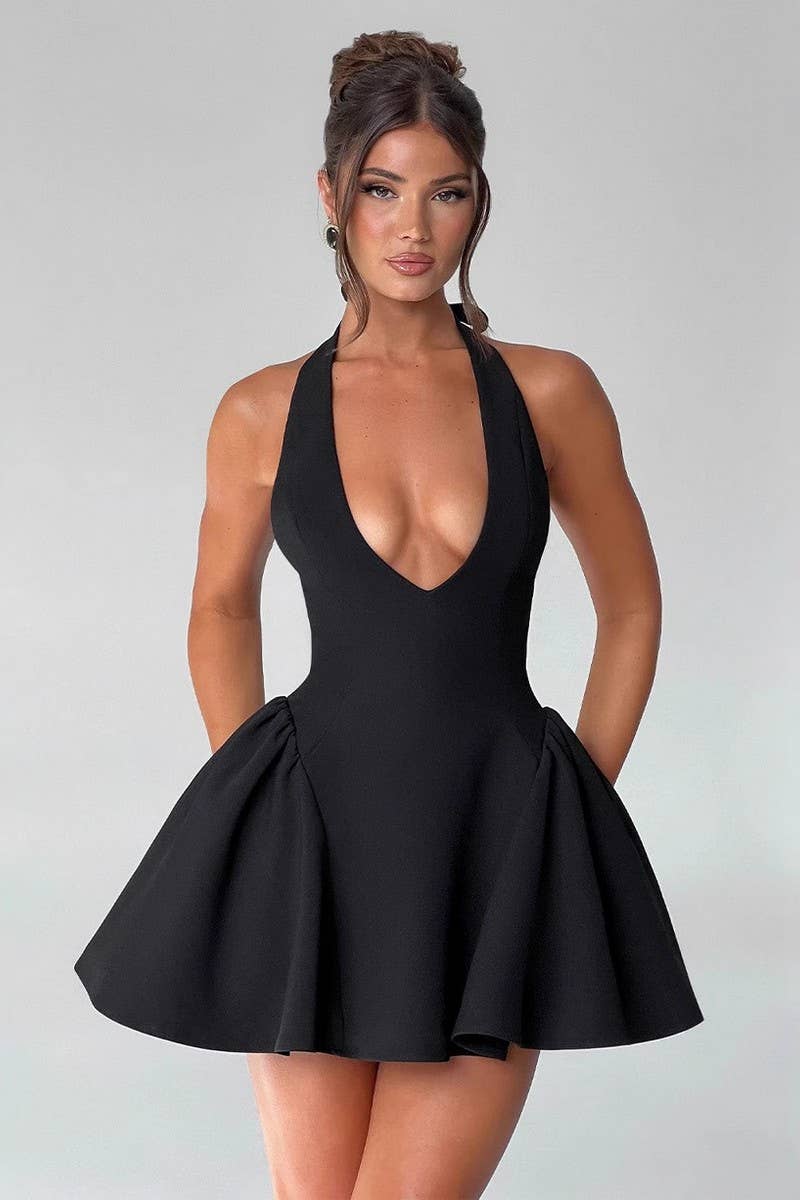 CWDSD8120_SOLID HALTER DEEP V NECK SLEEVELESS BODYCON DRESS