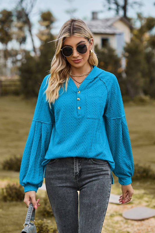 CWOHOL0738_BALLOON SLEEVE HOODED BUTTON LOOSE SWEATSHIRT