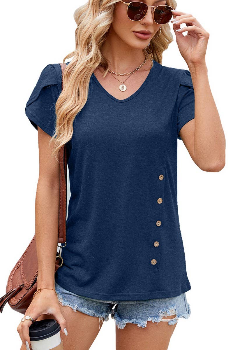 V NECK BUTTON PETALS SLEEVE SHORT SLEEVE SHIRT_CWTSTS0150