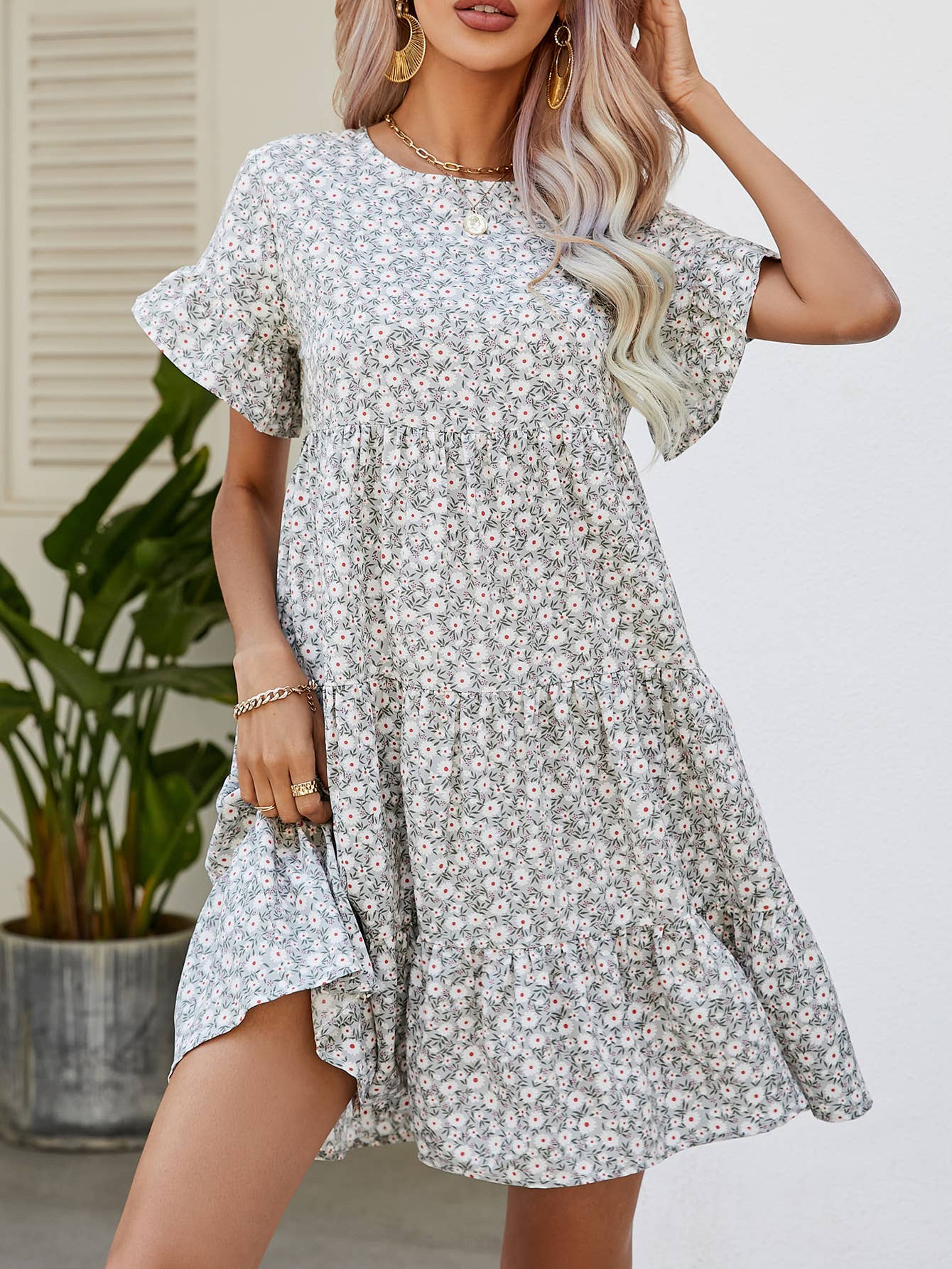 Leopard print floral crew-neck casual loose dress