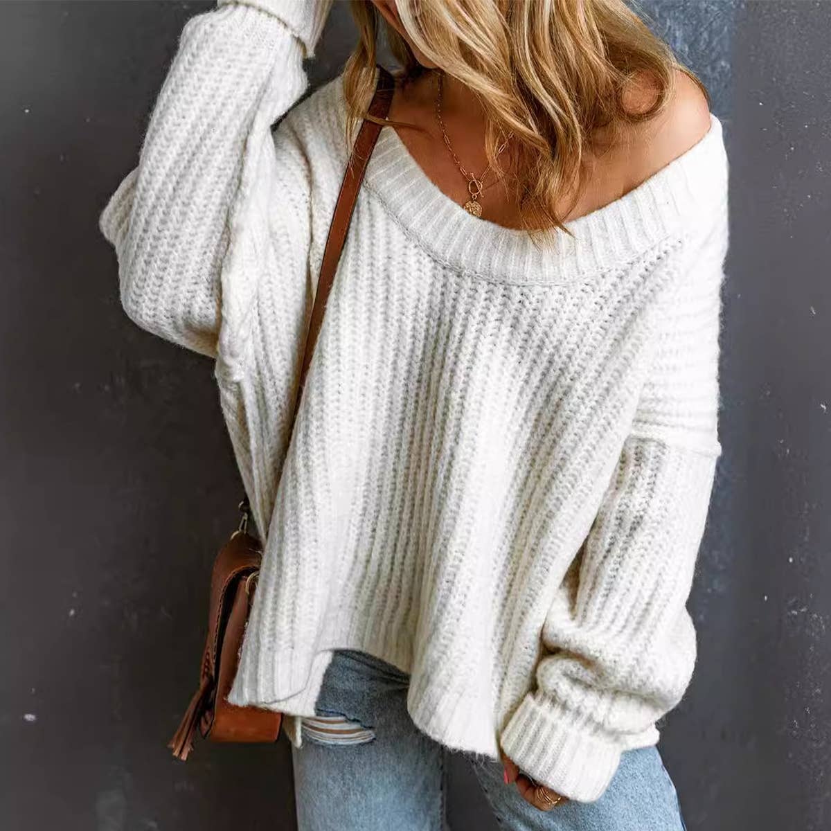 Solid color knit loose elongated sleeve turtleneck sweater