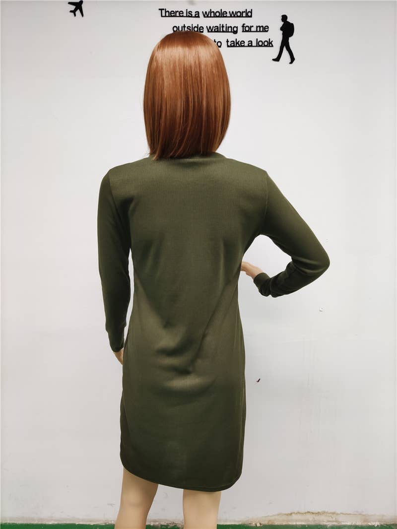 TEMPERAMENT SLIT SOLID COLOR BUTTON KNIT DRESS