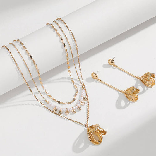 FASHION METAL FLOWER STACKING NECKLACE EARRING SET_CWAJE2849