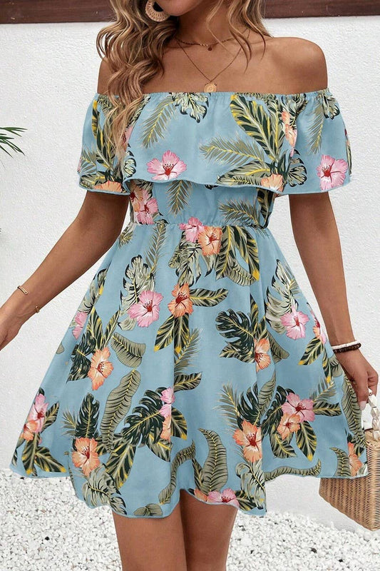 CWDTD0410_PRINTED OFF-SHOULDER DRESS WITH RUFFLED COLLAR