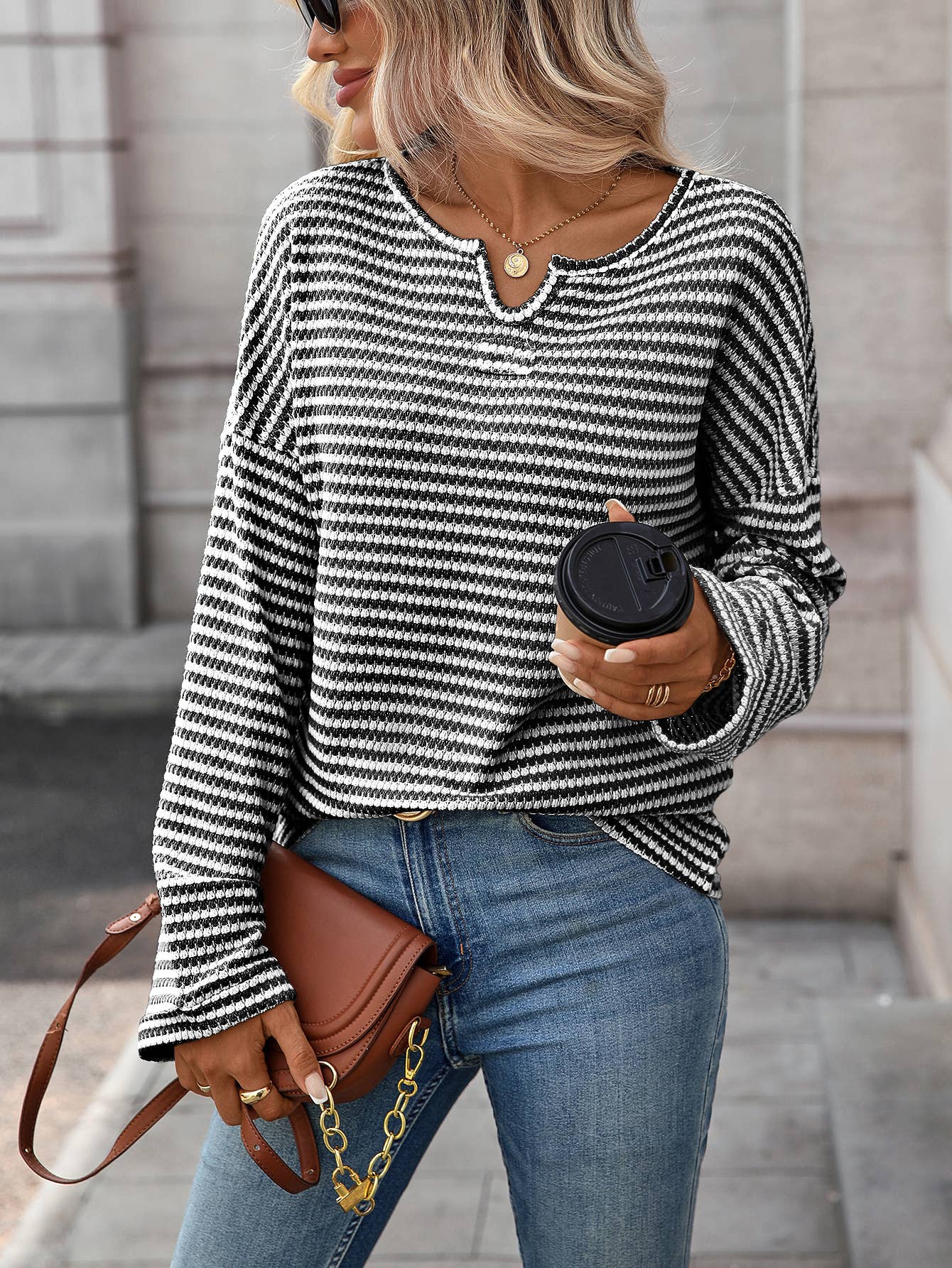 Waffle round-neck solid-color knitted T-shirt