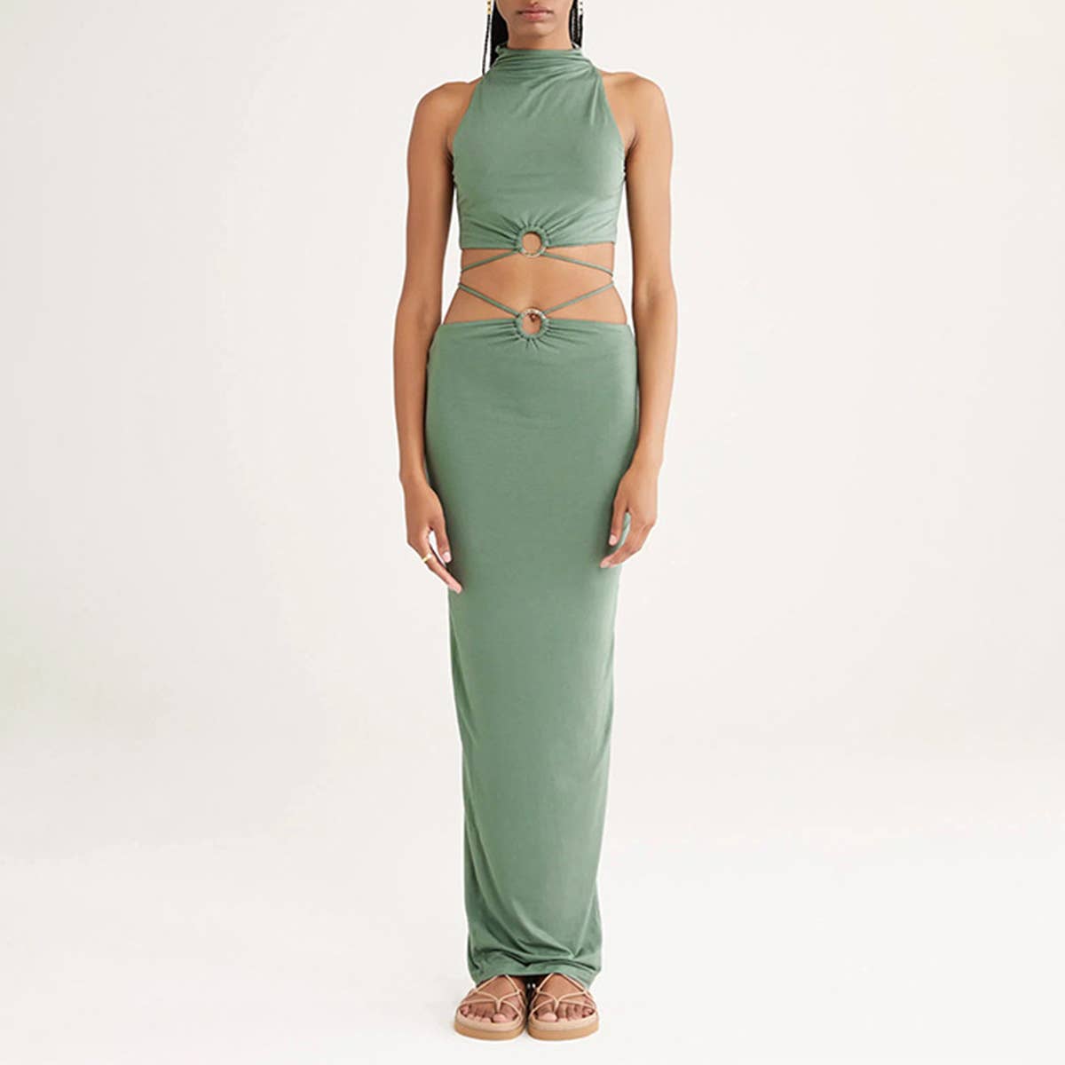 SEMI-HIGH NECK SEXY MIDRIFF HIP WRAP SLIM DRESS