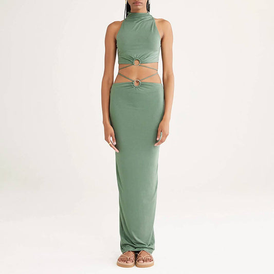 SEMI-HIGH NECK SEXY MIDRIFF HIP WRAP SLIM DRESS