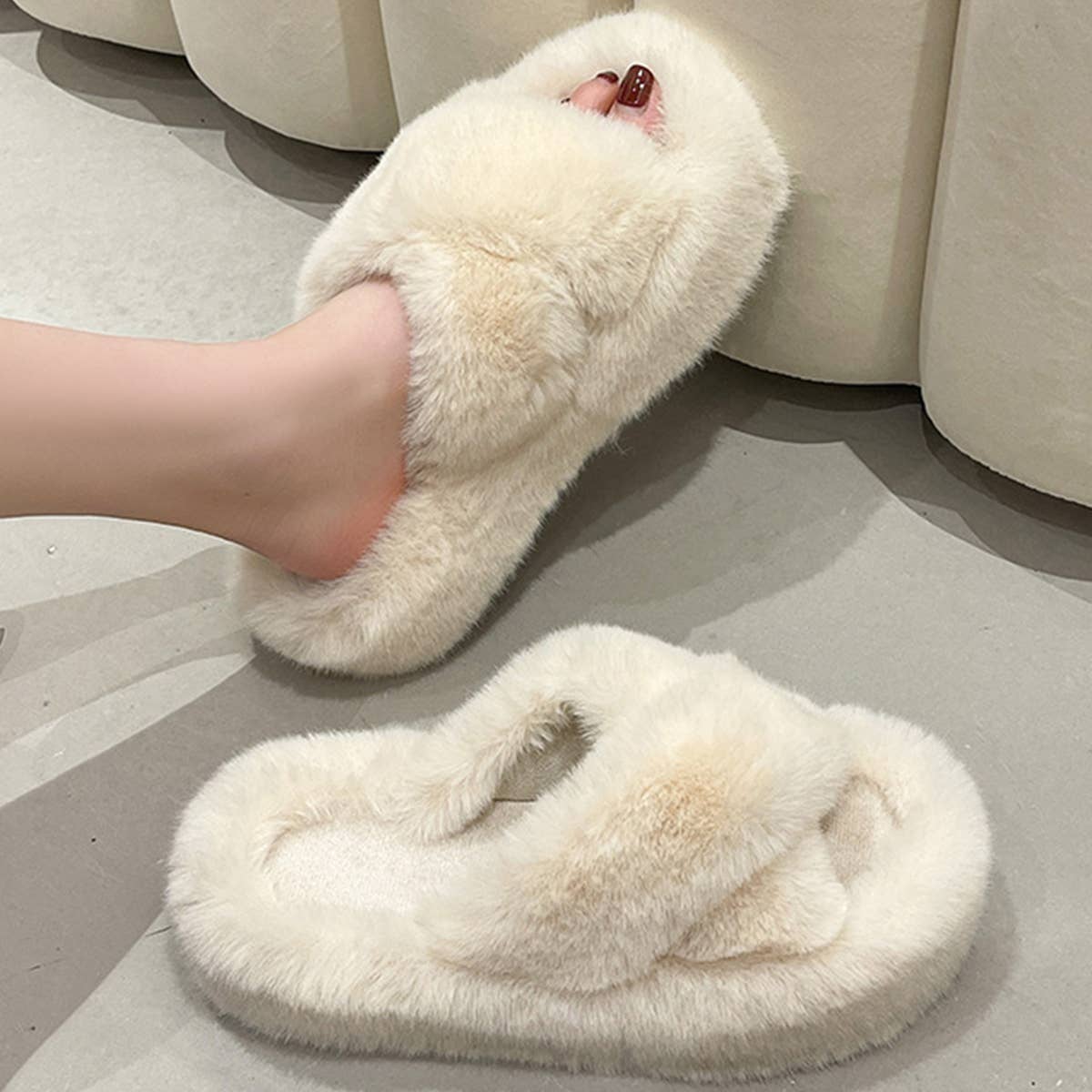 CROSS STRAP FLUFFY BEDROOM SLIPPERS